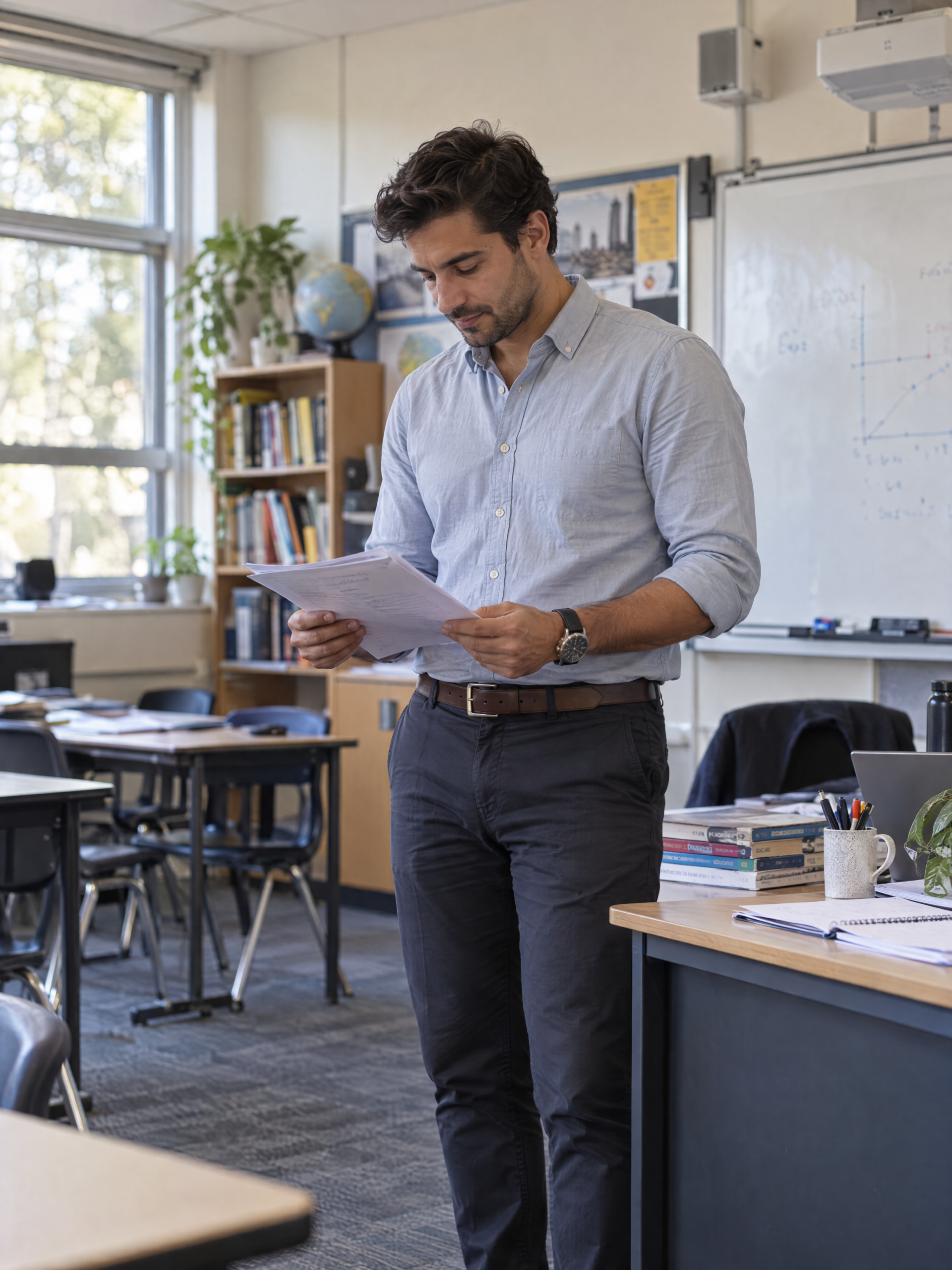 Male teacher reviewing student work in an Australian classroom