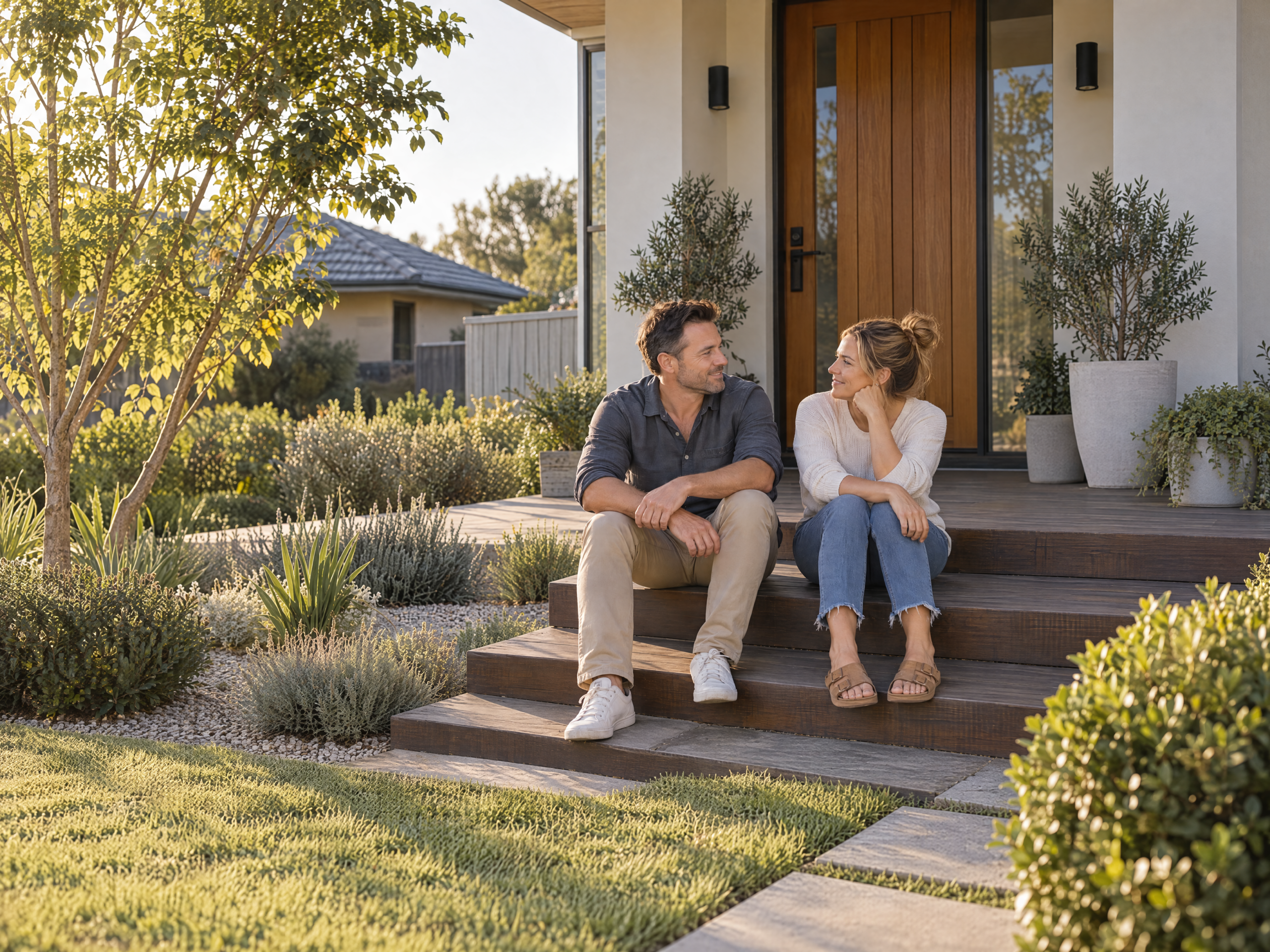 Homeowner couple sitting together on the front steps of their home