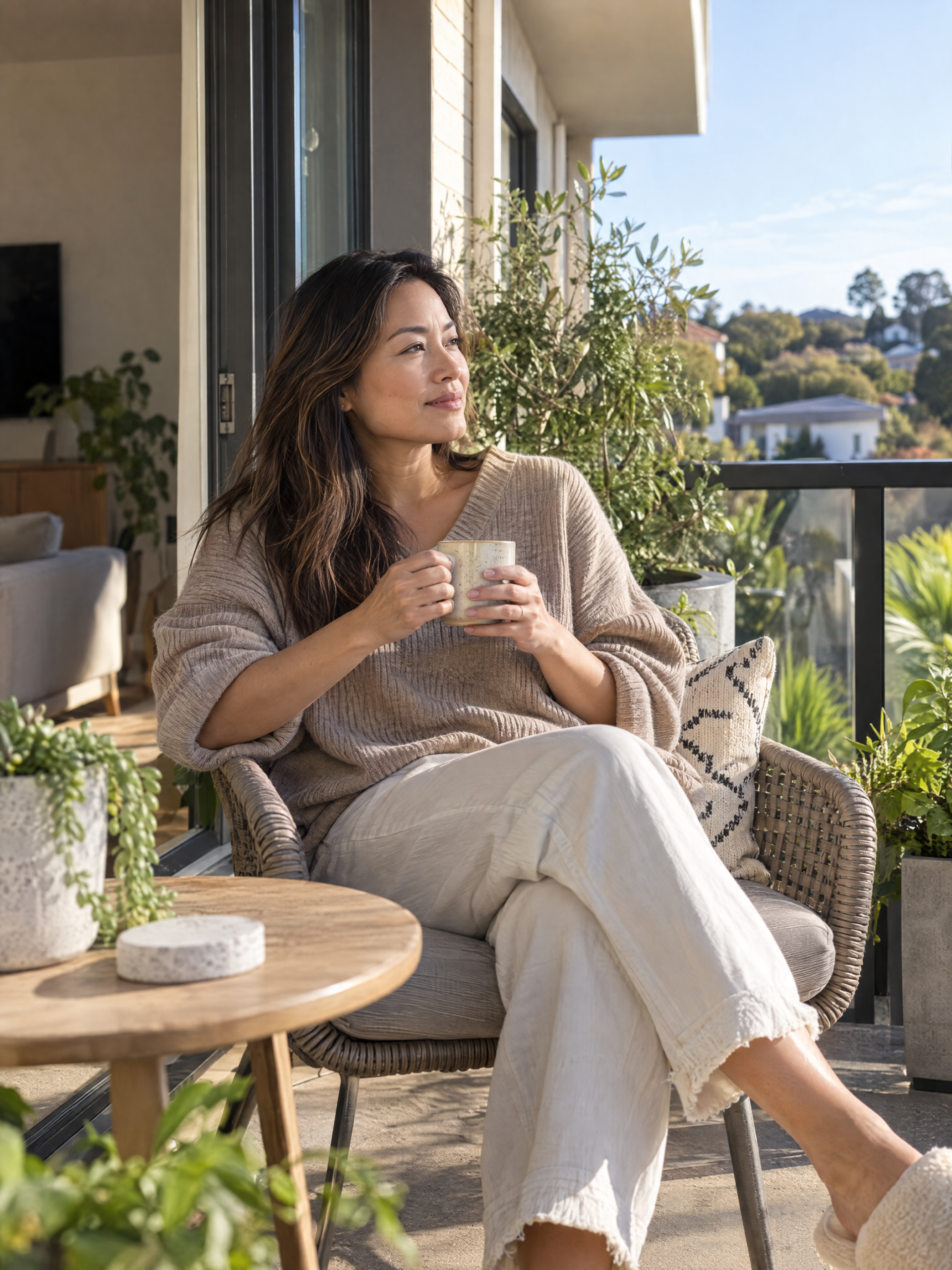 Woman relaxing on the balcony of her contemporary home