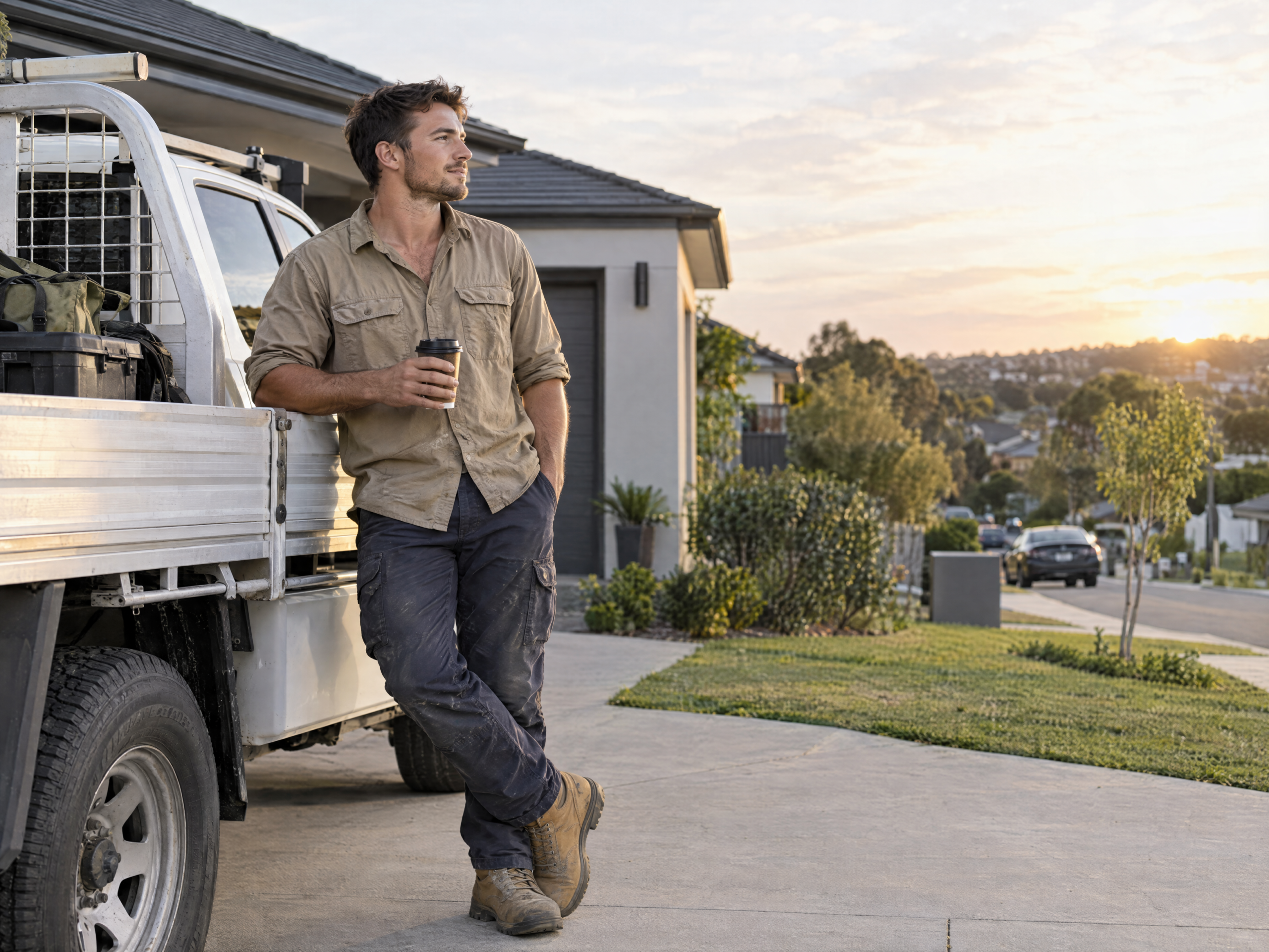 First-time property investor standing beside his work ute in an Australian neighbourhood