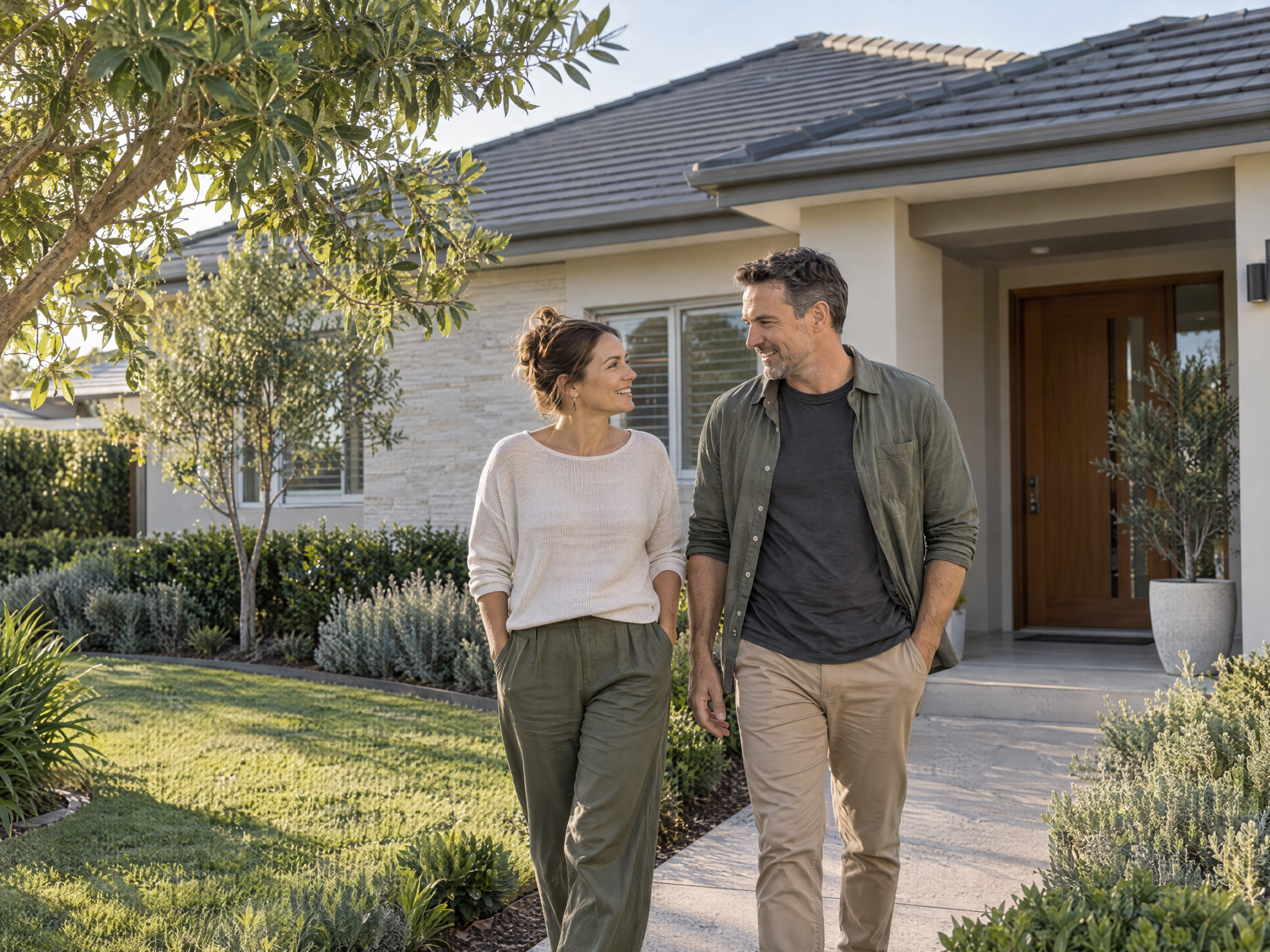 Established Australian homeowners walking together outside their family home