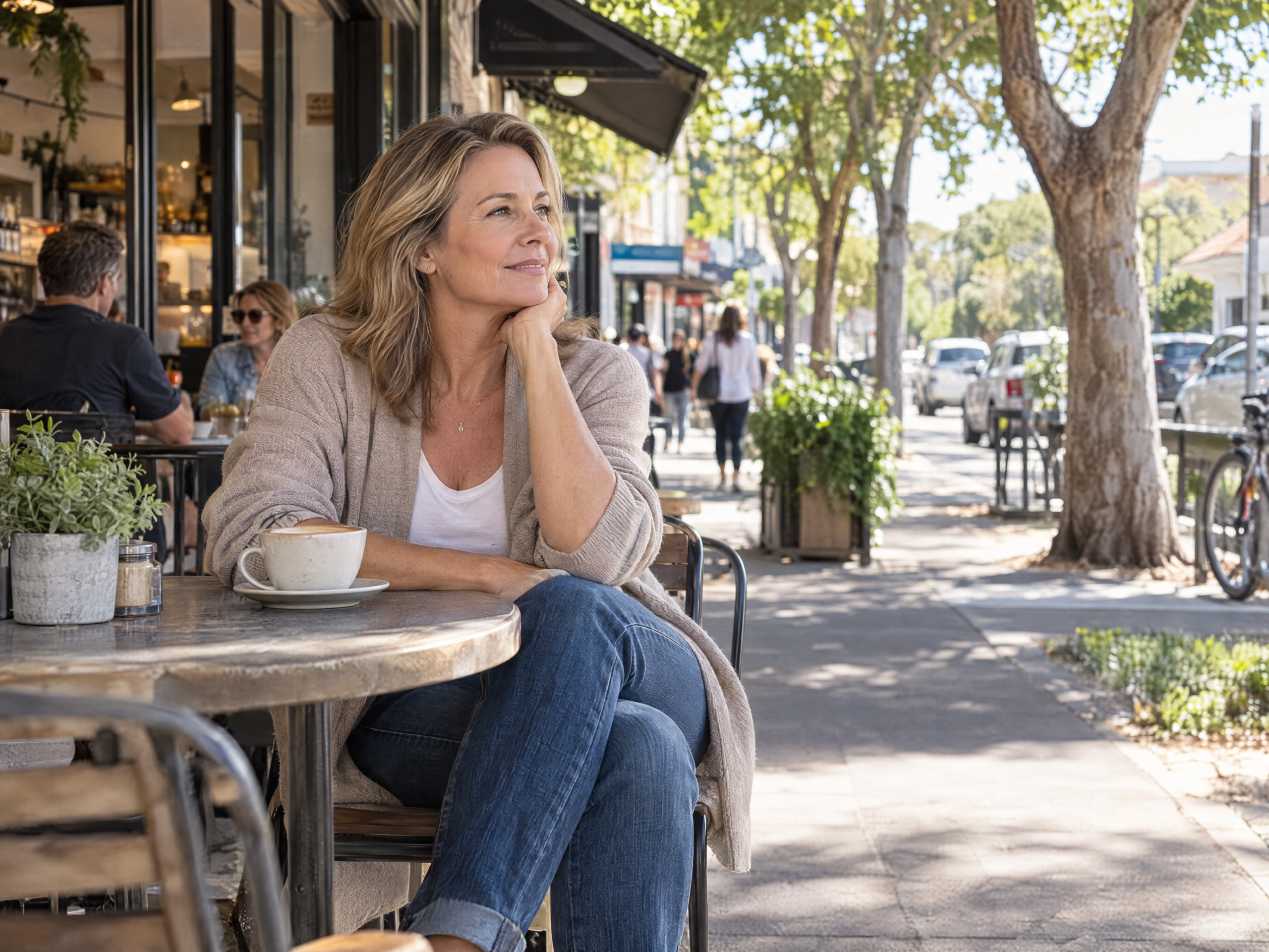 Property investor enjoying a relaxed moment at a neighbourhood cafe