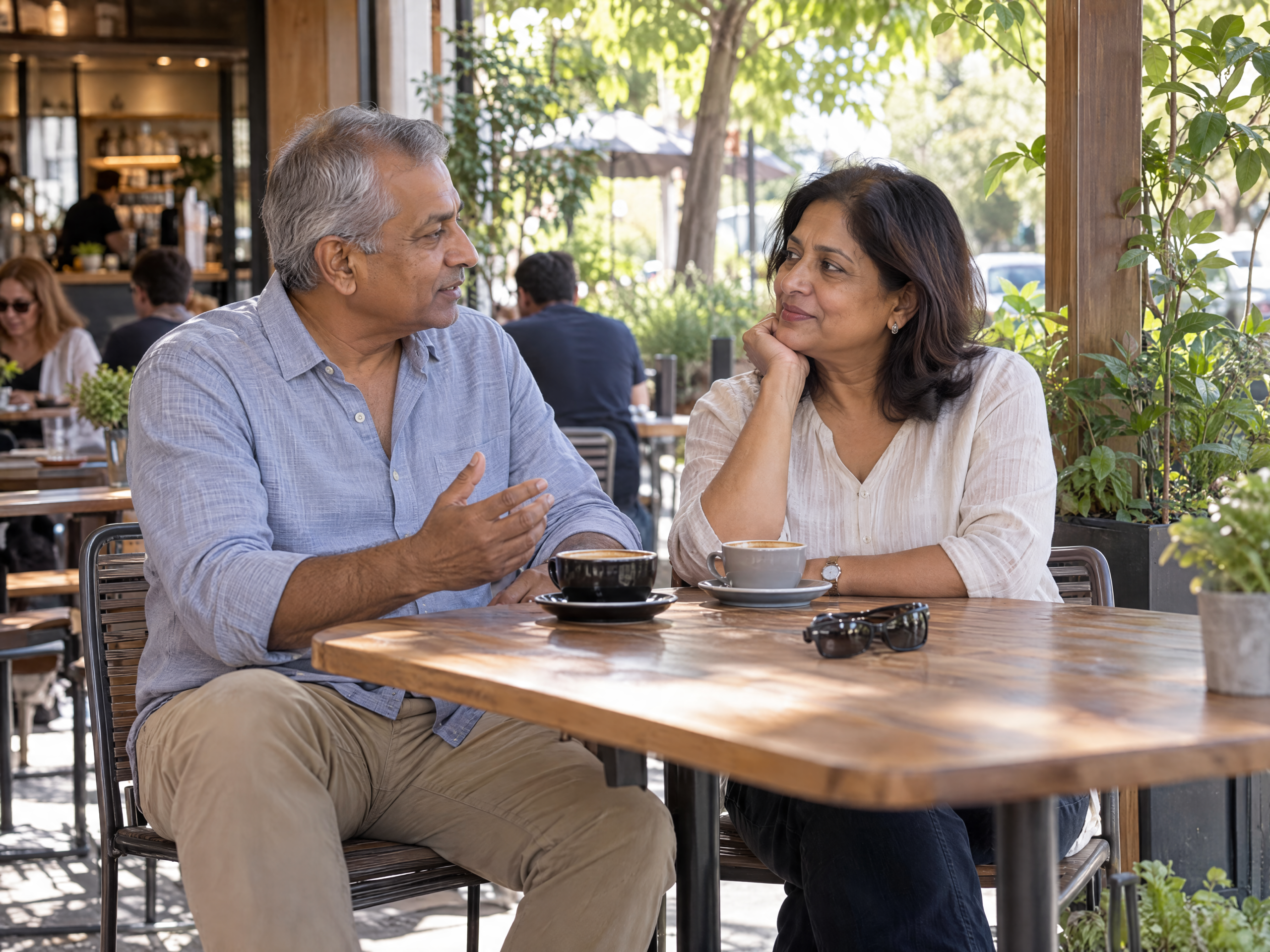 SMSF property investors having a relaxed conversation at a neighbourhood cafe